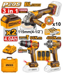 INGCO PACK PERCEUSE+MEULEUSE+BOULONNEUSE BRUSHLESS 20V  [COSLI241291]