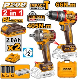 [CKLI20286] INGCO PACK 2 MACHINES VISSEUSE BRUSHLESS 66NM + BOULONNEUSE 405NM  