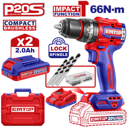 [ECIDL20668] EMTOP PERCEUSE/VISSEUSE À PERCUSION SANS FIL 20V 66NM + 2 BATTERIES 2.0AH 